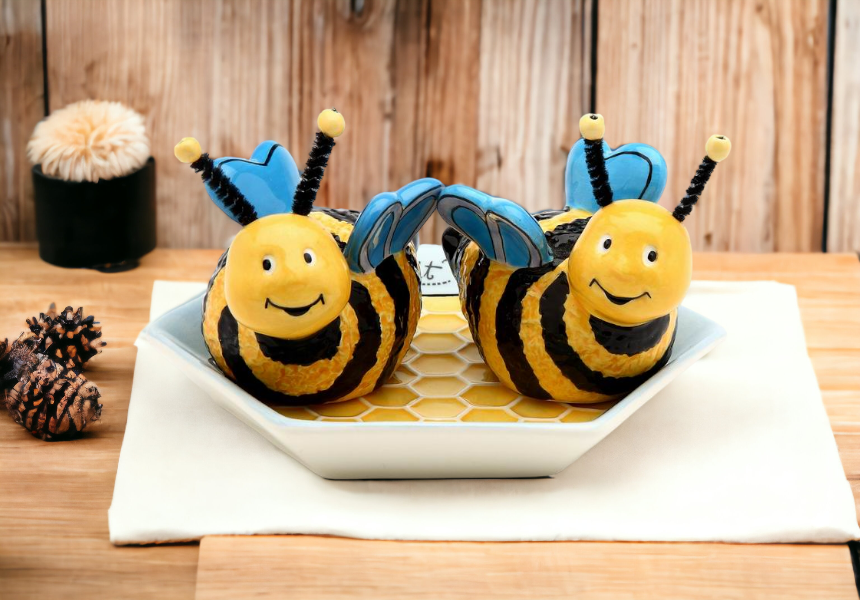 Let it Bee: Hand Painted Ceramic Bumblebees Salt & Pepper With Plate ( Set Of 3 ), Home Décor, Gift for Her, Gift for Mom, Kitchen Décor