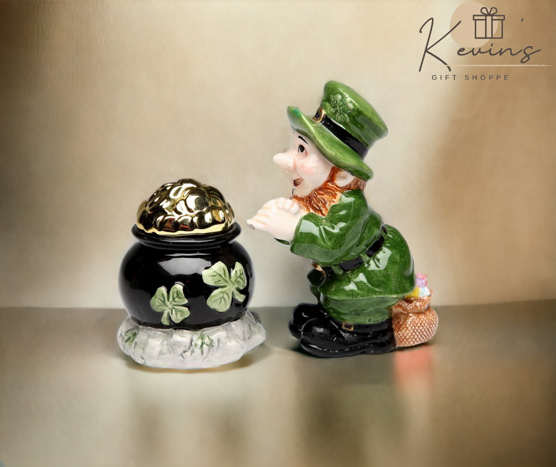 Ceramic Pot of Gold with Leprechaun Salt and Pepper Shakers, Gift for Her or Mom, Kitchen Décor, Irish Saint Patrick’s Day Décor