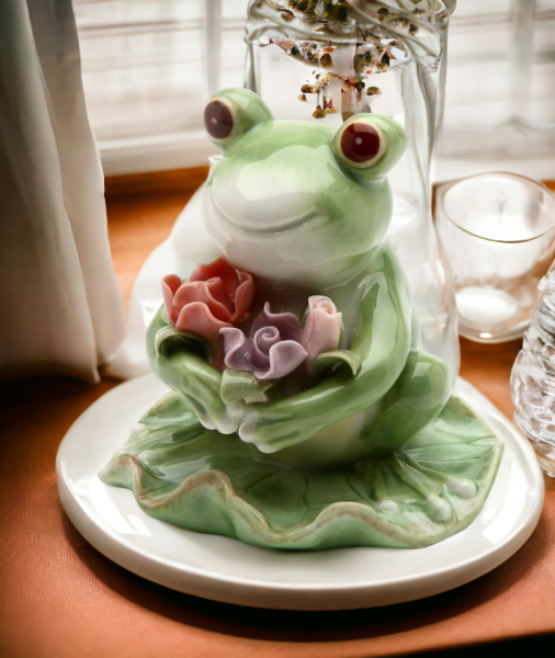 Ceramic Frog With Flowers Figurine, Home Décor, Gift for Her, Mom, Spring Décor, Cottagecore, Nature Lover Gift