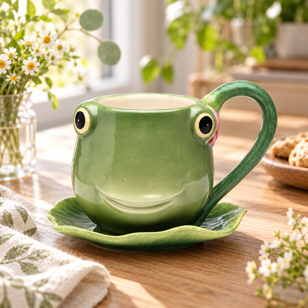 Ceramic Frog Teacup & Leaf Saucer Set – Cute 8 oz Cottagecore Tea Cup Gift