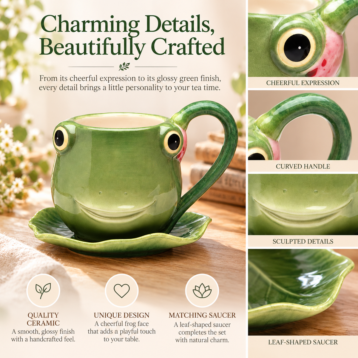 Ceramic Frog Teacup & Leaf Saucer Set – Cute 8 oz Cottagecore Tea Cup Gift