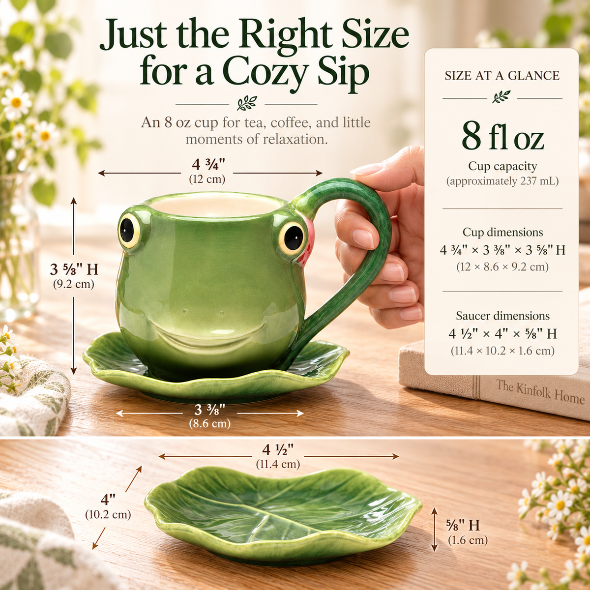 Ceramic Frog Teacup & Leaf Saucer Set – Cute 8 oz Cottagecore Tea Cup Gift