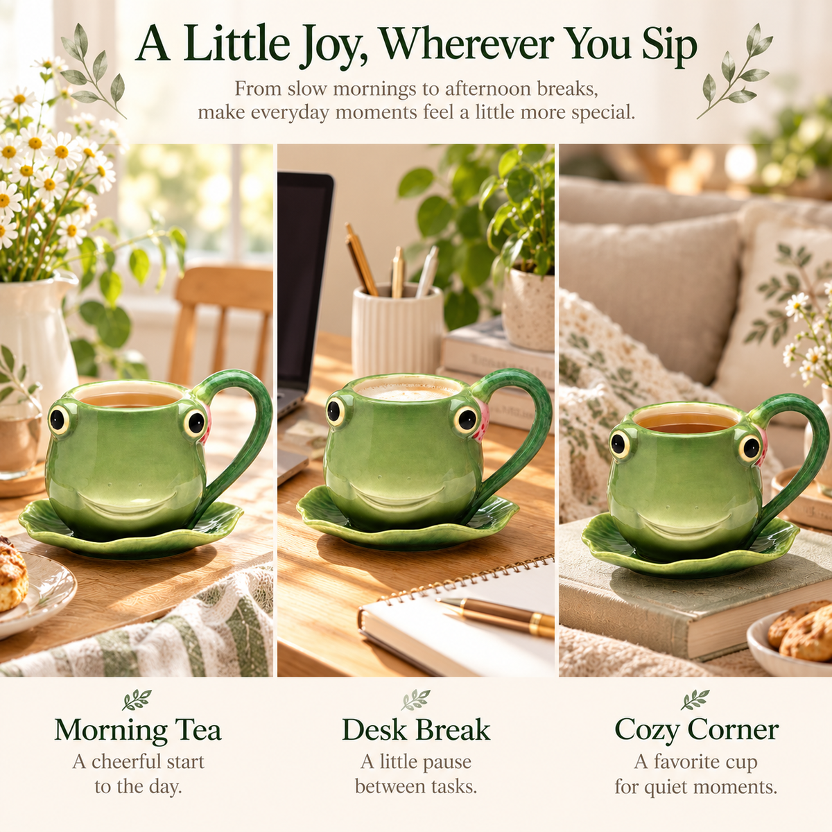 Ceramic Frog Teacup & Leaf Saucer Set – Cute 8 oz Cottagecore Tea Cup Gift