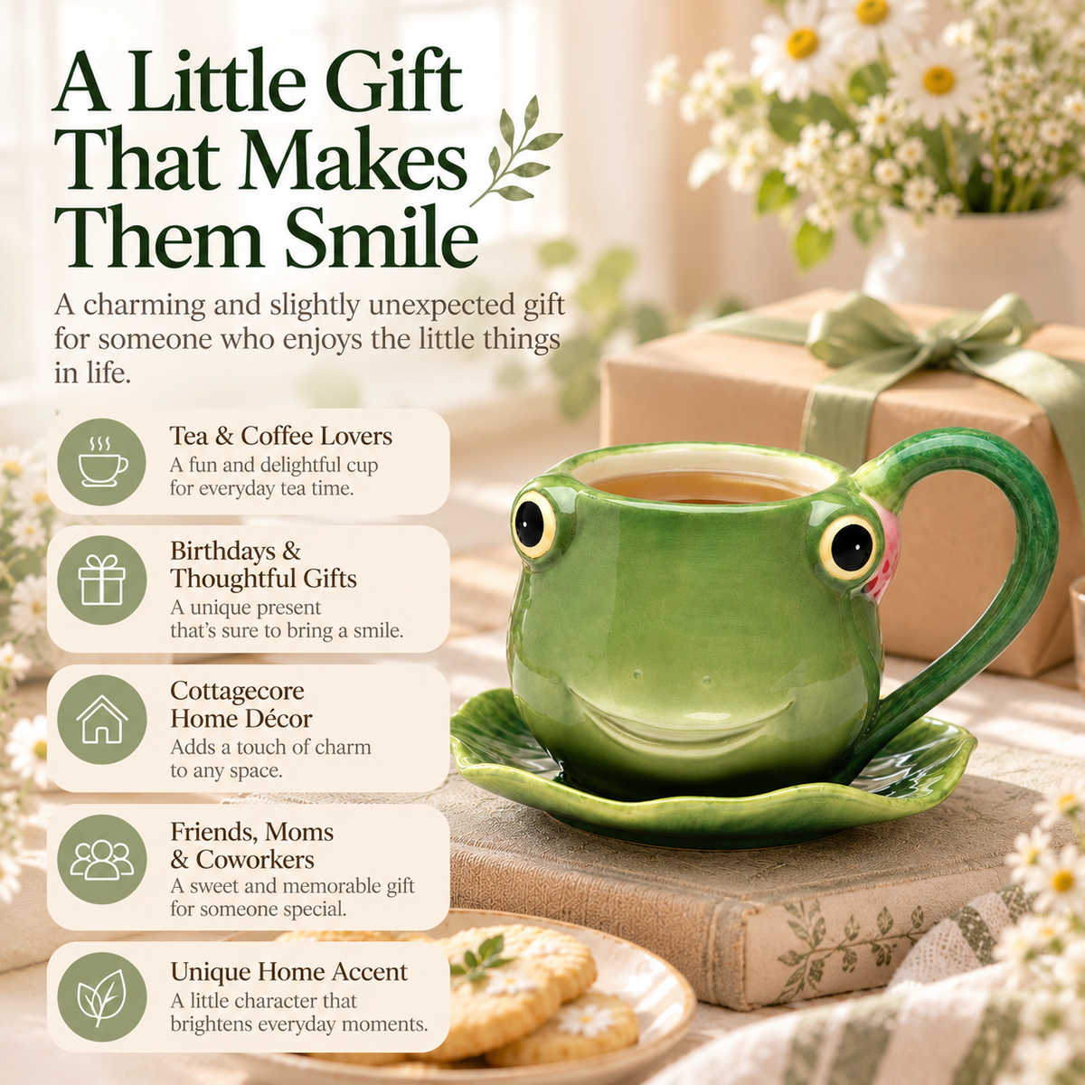 Ceramic Frog Teacup & Leaf Saucer Set – Cute 8 oz Cottagecore Tea Cup Gift