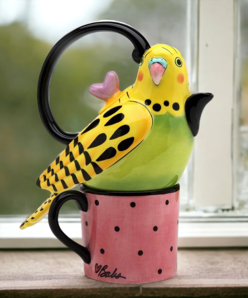 Ceramic Yellow Parakeet Bird Tea For One, Gift for Her, Gift for Mom, Kitchen Décor, Tea Party Décor, Café Décor, Birdwatcher Gift