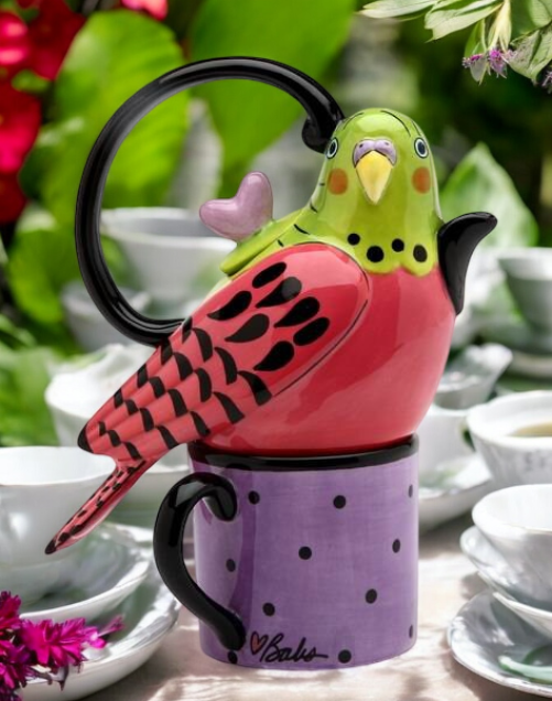 Ceramic Pink Parakeet Bird Tea for One, Afternoon Tea Party, Bird Watcher Gift, Gift for Her