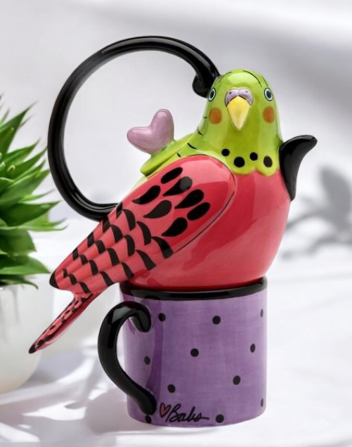 Ceramic Pink Parakeet Bird Tea for One, Afternoon Tea Party, Bird Watcher Gift, Gift for Her