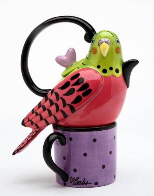 Ceramic Pink Parakeet Bird Tea for One, Afternoon Tea Party, Bird Watcher Gift, Gift for Her