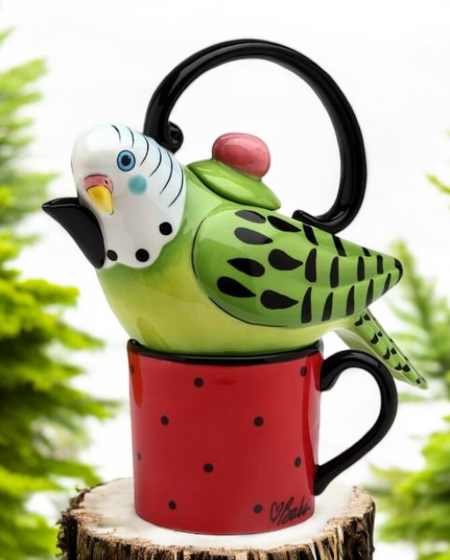 Ceramic Green Parakeet Bird Tea for One, Afternoon Tea Party, Bird Watcher Gift, Gift for Her