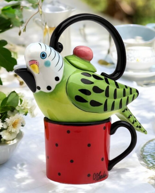 Ceramic Green Parakeet Bird Tea for One, Afternoon Tea Party, Bird Watcher Gift, Gift for Her