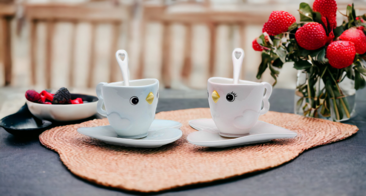 Ceramic Bird Cup & Saucer & Spoon-2 Sets, Gift for Her, Gift for Mom, Gift for Friend or Coworker, Tea Party Décor, Café Decor