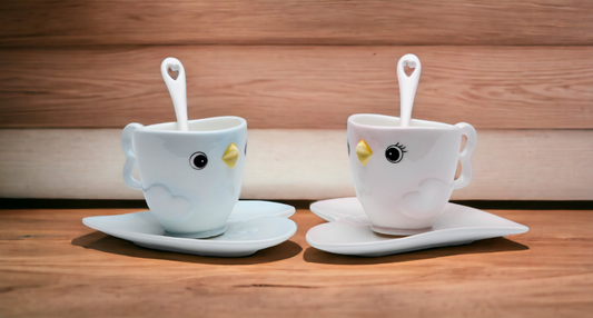 Ceramic Bird Cup & Saucer & Spoon-2 Sets, Gift for Her, Gift for Mom, Gift for Friend or Coworker, Tea Party Décor, Café Decor