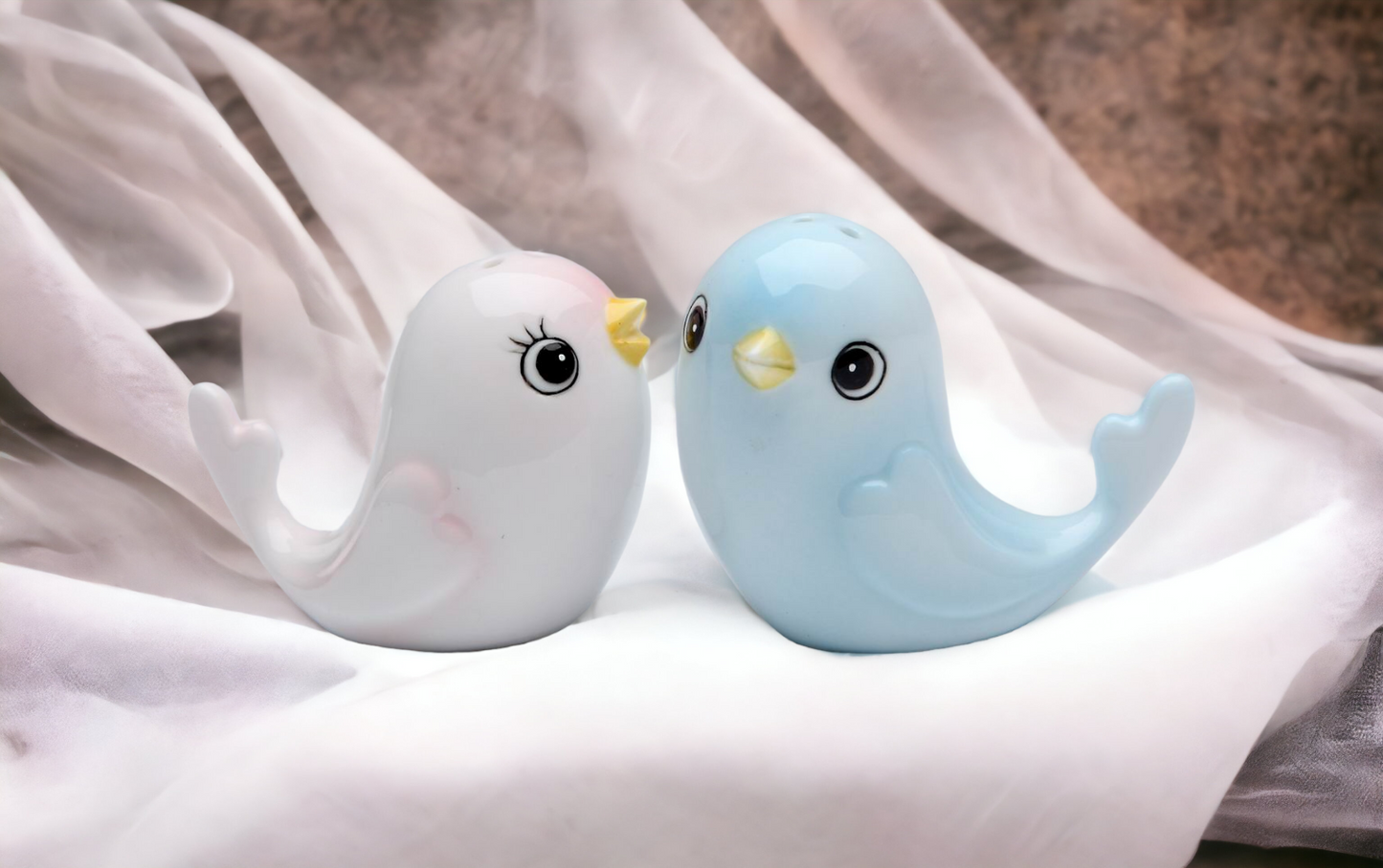 Hand Painted Ceramic Blue and Pink Bird Salt & Pepper Shakers, Wedding Décor, Gift for Her, Gift for Mom, Kitchen Décor, Birdwatcher Gift