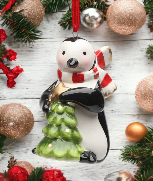 Ceramic Penguin Ornament With Christmas Tree, Home Décor, Gift for Her, Gift for Mom, Kitchen Décor, Christmas Décor