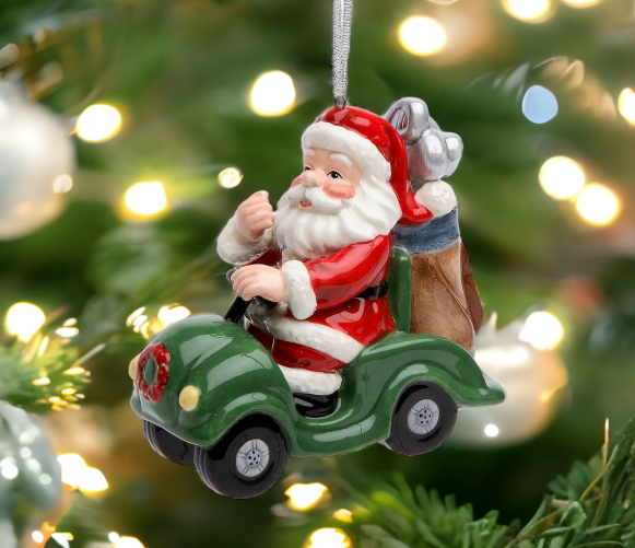 Ceramic Christmas Golf Cart Santa Ornament, Home Décor, Gift for Her, Gift for Golfer, Gift for Mom, Kitchen Décor, Christmas Décor