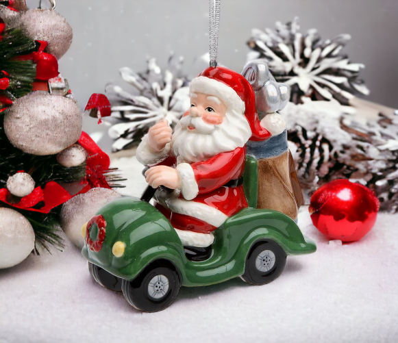 Ceramic Christmas Golf Cart Santa Ornament, Home Décor, Gift for Her, Gift for Golfer, Gift for Mom, Kitchen Décor, Christmas Décor