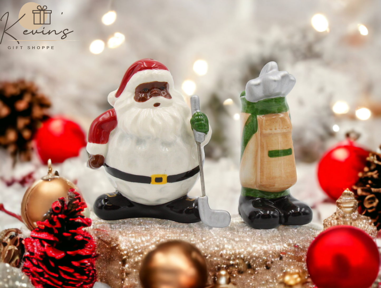 Ceramic African American Golfing Santa Christmas Salt And Pepper Shakers, Home Décor, Gift for Him, Gift for Dad, Kitchen Décor