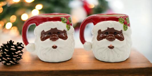 Ceramic African American Set Of 2 Santa Mugs, Home Décor, Gift for Her, Gift for Mom, Kitchen Décor, Christmas Décor