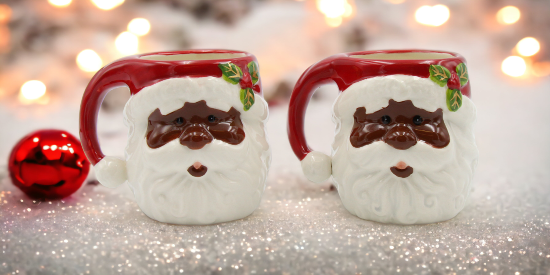 Ceramic African American Set Of 2 Santa Mugs, Home Décor, Gift for Her, Gift for Mom, Kitchen Décor, Christmas Décor