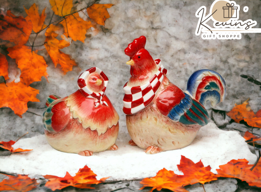 Happy Farm: Hand Painted Ceramic Red Hen & Rooster Salt & Pepper Shakers, Home Décor, Gift for Her or Mom, Kitchen Décor, Farmhouse Decor