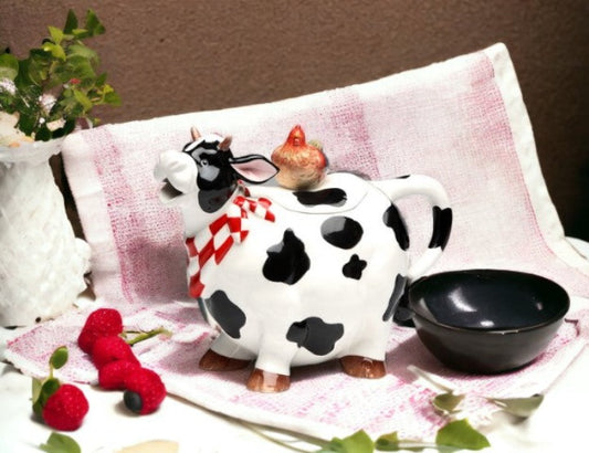 Ceramic Cow Teapot with Mini Rooster, Gift for Her, Gift for Mom, Tea Party Décor, Café Décor, Farmhouse Decor