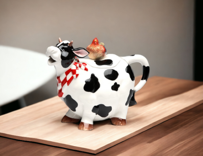 Ceramic Cow Teapot with Mini Rooster, Gift for Her, Gift for Mom, Tea Party Décor, Café Décor, Farmhouse Decor