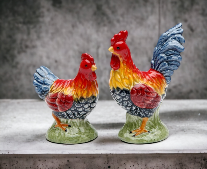 Ceramic Mini-size Rainbow Rooster Salt & Pepper Shakers, Home Décor, Gift for Her, Gift for Mom, Kitchen Décor, Farmhouse Decor