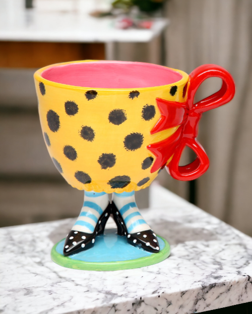 Ceramic Leopard Print Cup With Red Bow On Black Heels, Home Décor, Gift for Her, Mom, Friend, or Coworker, Kitchen Décor, Office Decor