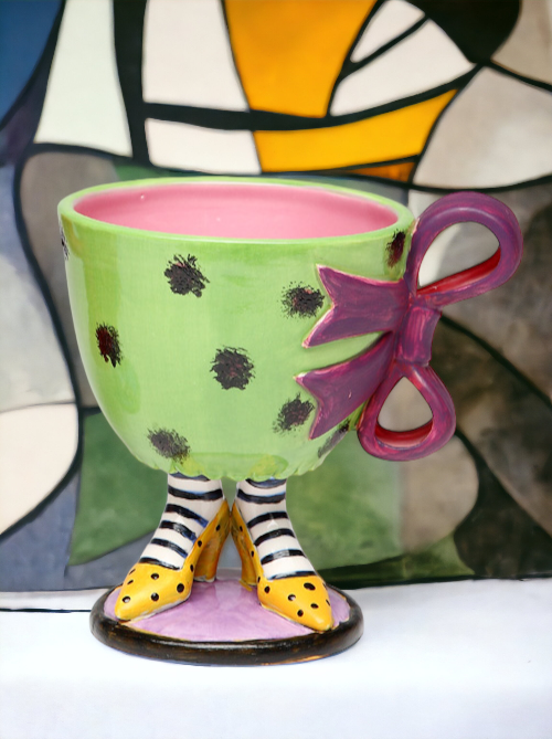 Ceramic Green Cup with Purple Bow on Yellow Heels, Home Décor, Gift for Her, Mom, Friend, or Coworker, Kitchen Décor, Office Decor