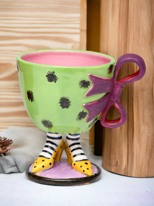 Ceramic Green Cup with Purple Bow on Yellow Heels, Home Décor, Gift for Her, Mom, Friend, or Coworker, Kitchen Décor, Office Decor