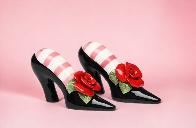 Ceramic Black Heels With Red Rose Salt and Pepper Shakers, Home Décor, Gift for Her, Gift for Mom, Kitchen Décor