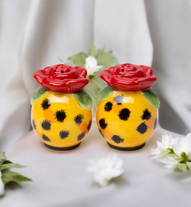 Ceramic Leopard Print With Rose Salt and Pepper Shakers, Kitchen Decor, Gift for Her