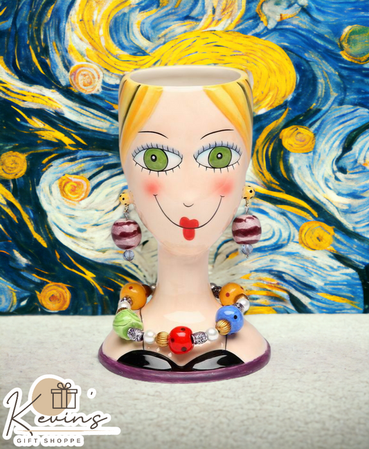 Ceramic Pretty Lady with Necklace and Earrings Makeup Brush or Pen Holder, Home Décor, Gift for Her, Mom, Friend, or Coworker, Vanity Décor