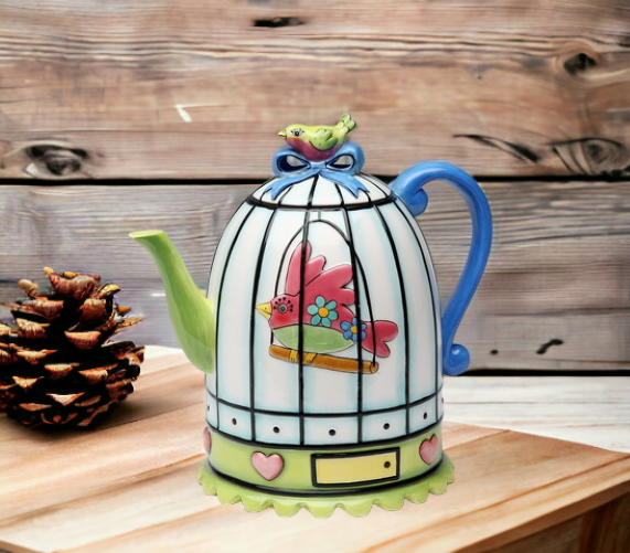 Ceramic Birdcage Teapot, Gift for Her, Gift for Mom, Tea Party Décor, Café Décor, Spring Kitchen Decor