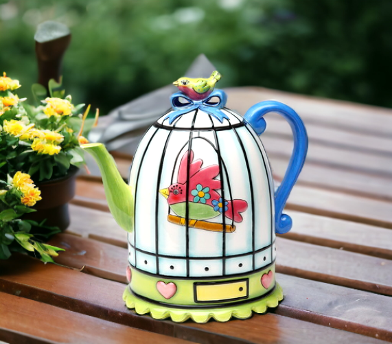 Ceramic Birdcage Teapot, Gift for Her, Gift for Mom, Tea Party Décor, Café Décor, Spring Kitchen Decor