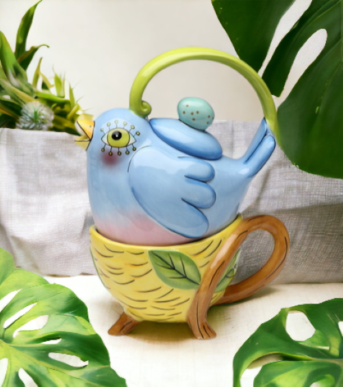 Ceramic Bird in Nest Tea For One, Gift for Her, Gift for Mom, Tea Party Décor, Café Décor, Farmhouse Décor