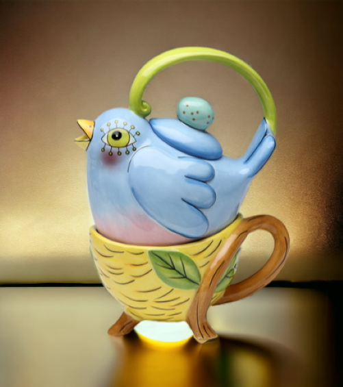 Ceramic Bird in Nest Tea For One, Gift for Her, Gift for Mom, Tea Party Décor, Café Décor, Farmhouse Décor