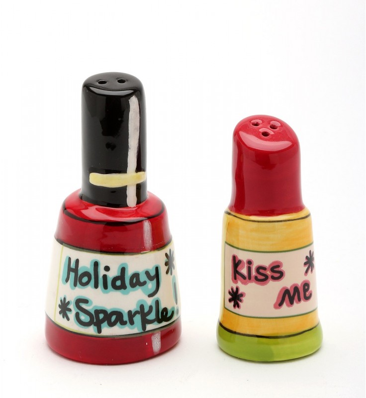 Ceramic Christmas Theme Nail Polish & Lipstick Salt and Pepper Shakers, Christmas Decor, Gift for Her