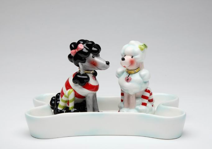 Ceramic Poodle Dogs Salt & Pepper in Bone Tray, Home Décor, Gift for Her, Gift for Mom, Kitchen Décor, Dog Lover Gift, Pet Loss Gift