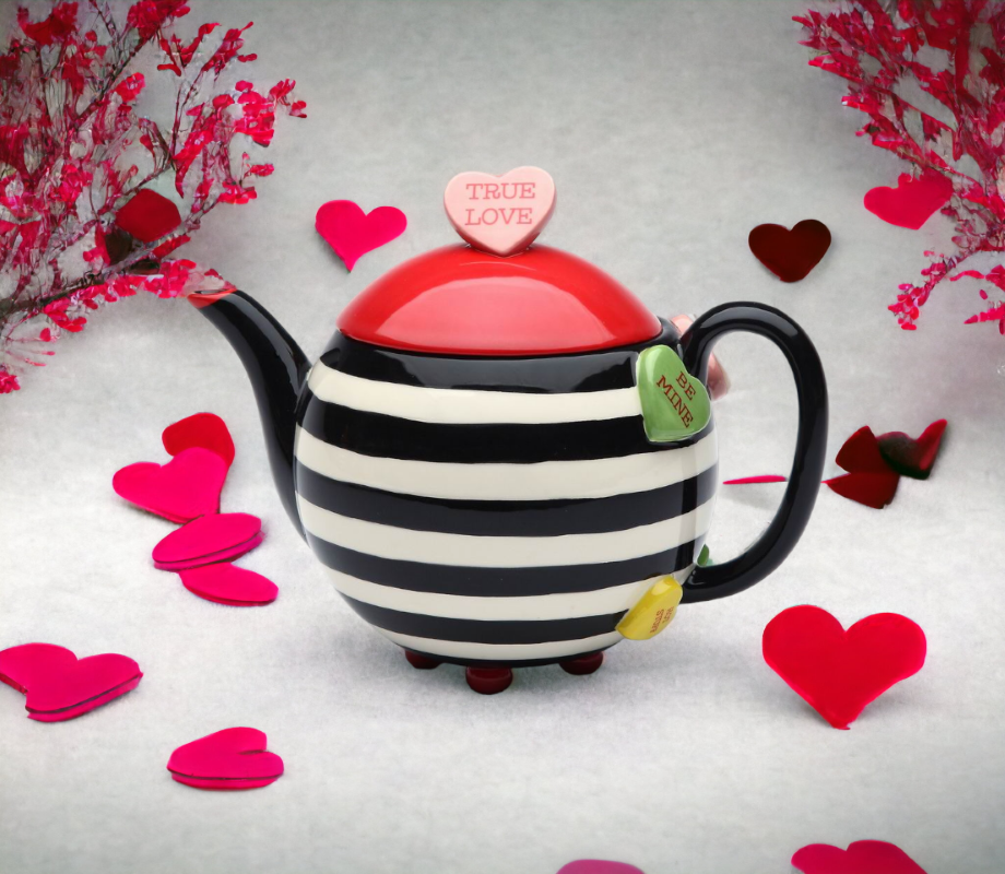 Hand Painted Ceramic Striped Teapot with Hearts, Gift for Her, Gift for Mom, Kitchen Décor, Tea Party Décor, Café Décor, Valentines Decor