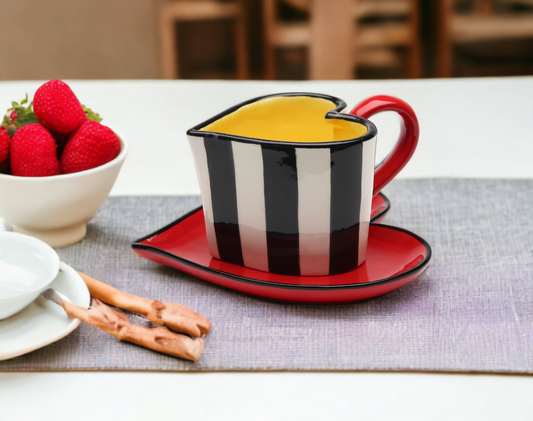 Ceramic Valentines Heart Shaped Striped Cup and Saucer, Gift for Her, Gift for Mom, Gift for Friend or Coworker, Tea Party Décor, Café Decor