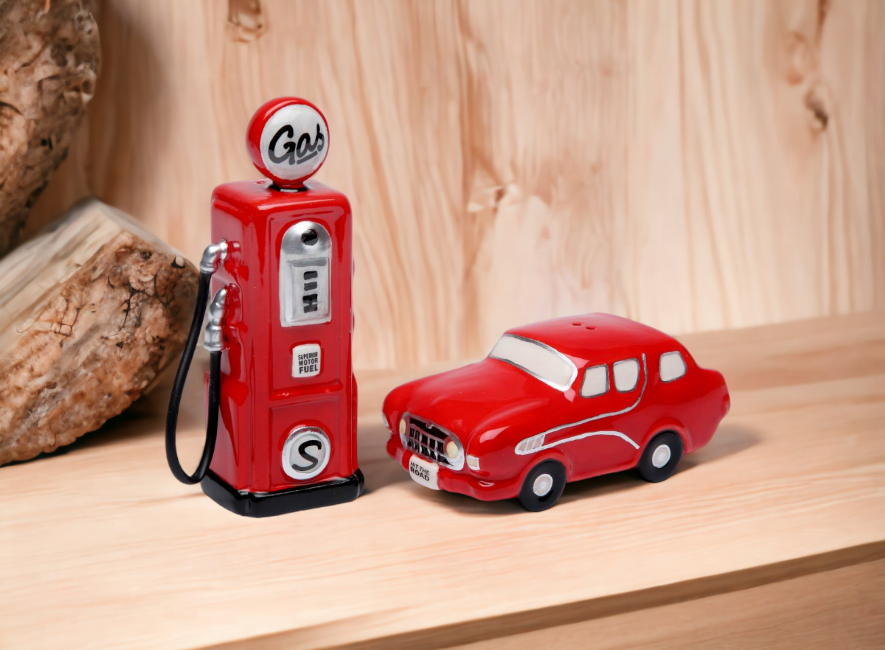 Hand Painted Ceramic Red Car And Gas Pump Salt & Pepper Shakers-Home Décor, Gift for Her, Gift for Him, Gift for Dad, Kitchen Décor