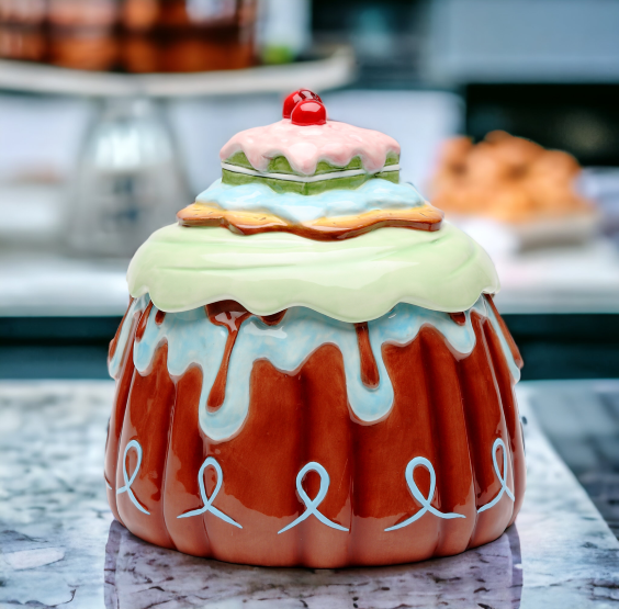 Hand Painted Ceramic Cake Cookie Jar, Home Décor, Gift for Her, Gift for Mom, Kitchen Décor, Cafe Decor, Bakery Decor