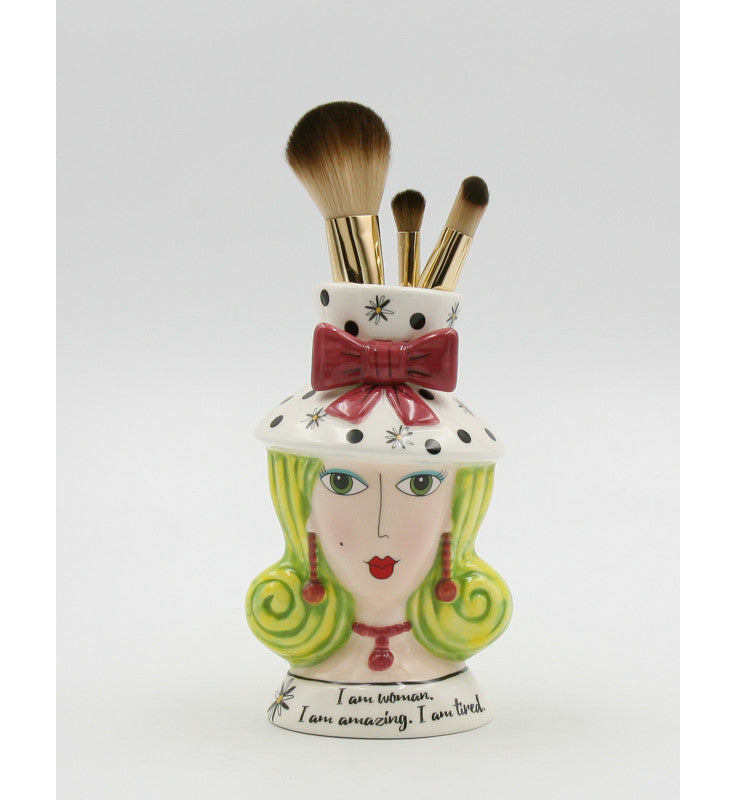 Ceramic Green Hair Dollymama Vase, Makeup Brush Holder, Vanity Decor, Kitchen Decor, Gift for Her