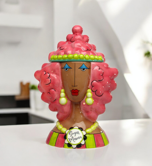 Ceramic Dollymama African American Pink Hair Cookie Jar, Kitchen Decor, Cafe Decor, Gift for Her