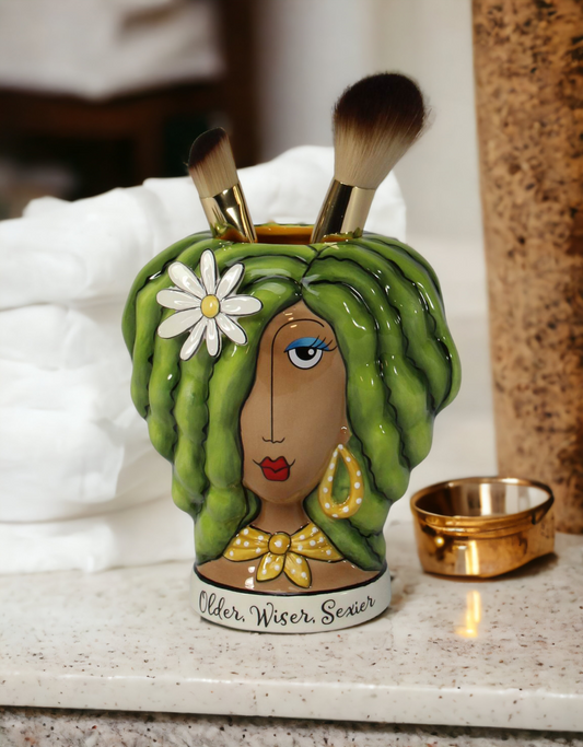 Ceramic African American Lady with Green Hair Makeup Brush or Pen Holder, Home Décor, Gift for Her, Mom, Friend, or Coworker, Vanity Décor