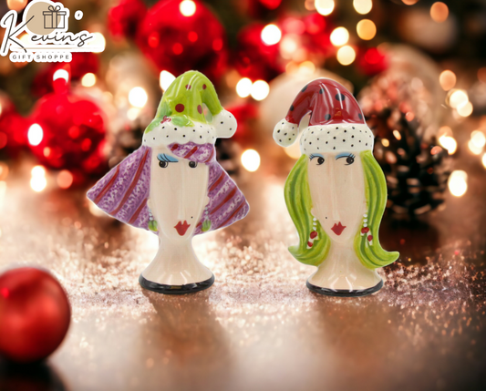 Ceramic Ladies Christmas Party Salt and Pepper Shakers, Home Décor, Gift for Her, Gift for Mom, Kitchen Décor, Christmas Décor