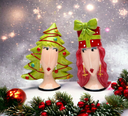 Ceramic Lady Wigs Christmas Tree And Gift Salt & Pepper Shakers, Gift for Her or Mom, Gift for Friend, Gift for Coworker, Kitchen Décor