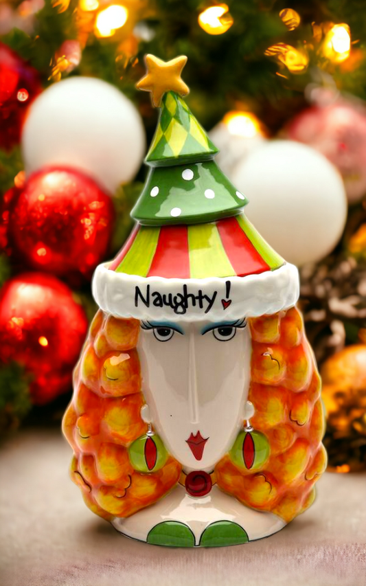 Ceramic Naughty or Nice 2-Sided Lady Cookie Jar, Home Décor, Gift for Her, Gift for Mom, Kitchen Décor, Christmas Décor