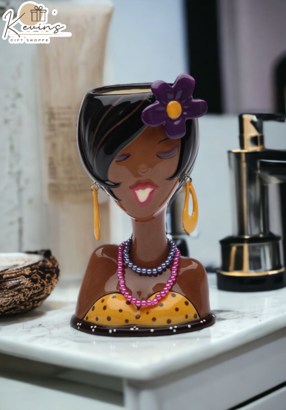 Ceramic African American Glam Girl Makeup Brush Holder, Home Décor, Gift for Her, Mom, Friend, or Coworker, Vanity Décor